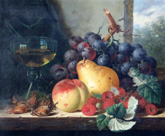 Edward Ladell (1821-1886) Still life with wine glass, grapes, a pear, peaches, raspberries and cobnuts 9.5 x 11.5in.